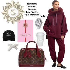 NEW Limited Edition Bordeaux 2 piece Fox Fur Trimmed Jogger Set